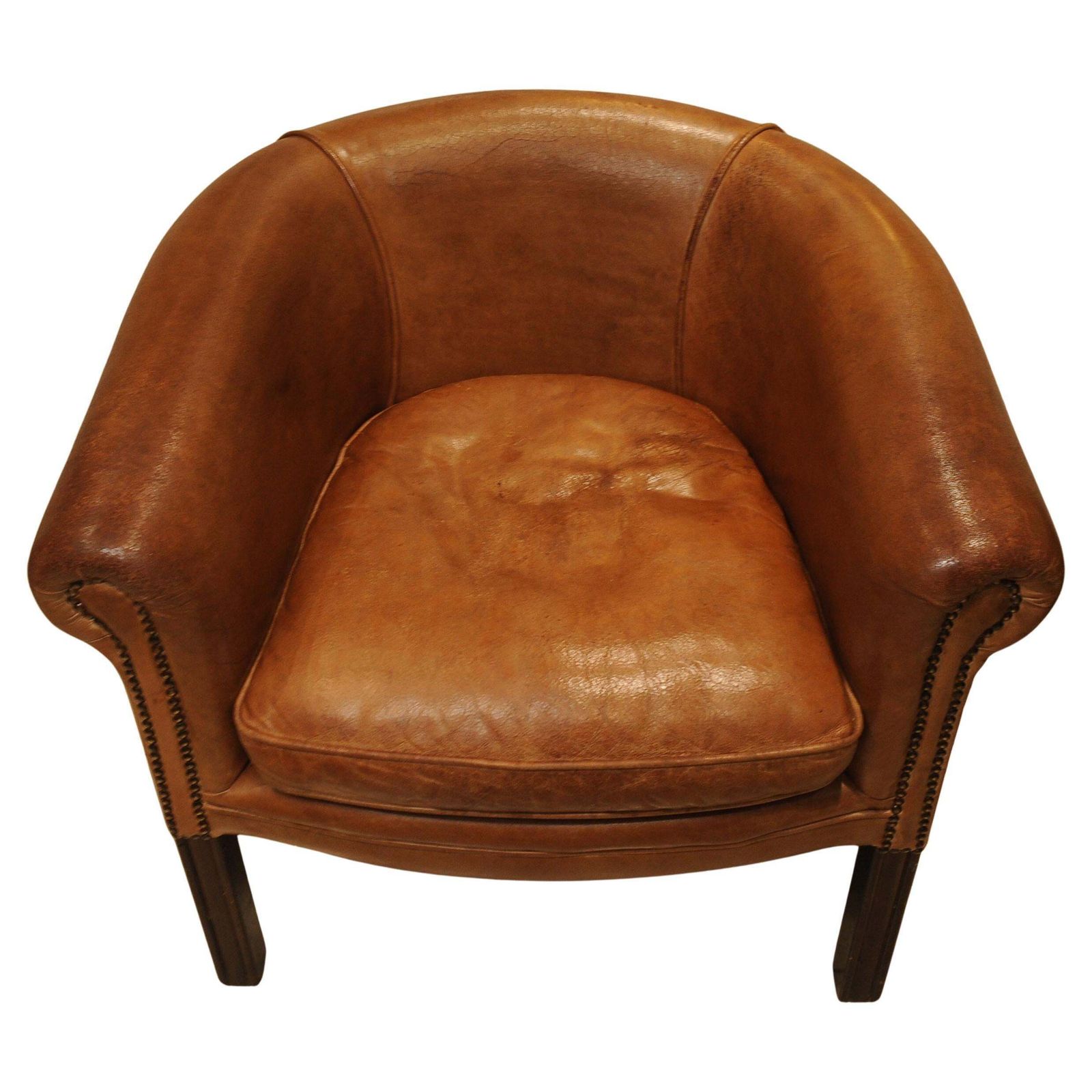 An Art Deco Design Dark Tan Leather Tub Chair With Piping Finishing Brass Tacks Beech Squared Legs British Made Ol photo buy