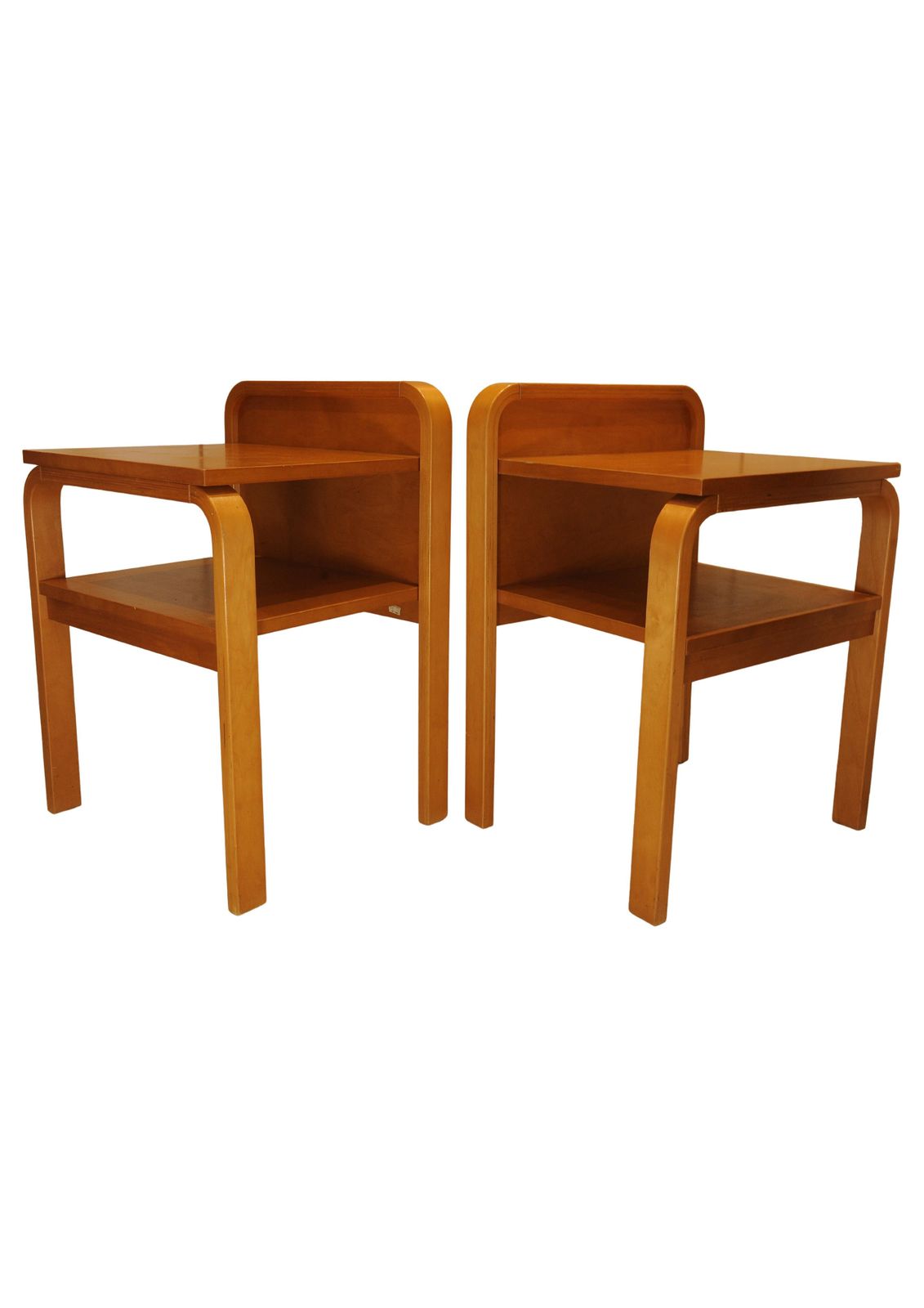 A Pair Of Original Isku Oy Of Finland Bent Plywood Birch Bedside Tables With Maker's Labels 1980's Ol photo vintage