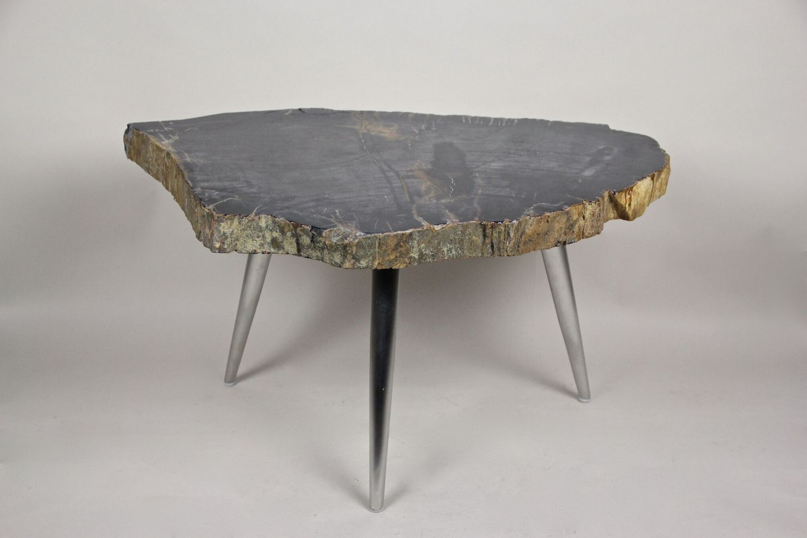 Petrified Wood Side Table With Stainless Steel Feet, Organic Modern, Idn 2021 photo vintage