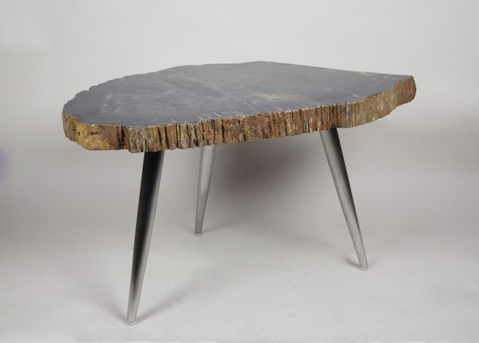 Furniture Petrified Wood Side Table With Stainless Steel Feet, Organic Modern, Idn 2021 photo