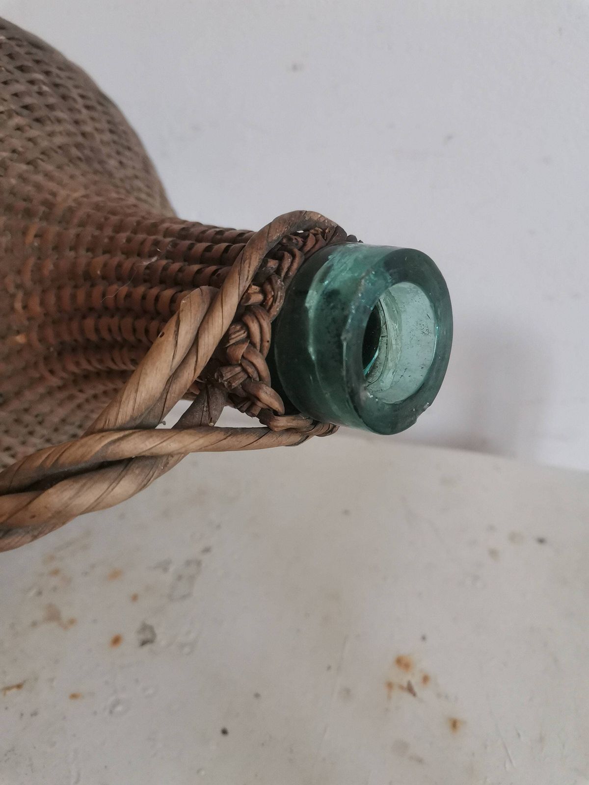 Weaved Wicker Wine Bottle Demijon Antique Primitive, Hand Made. Decorative Rustic 100 Yrs Old Garden Decor Hand Blown Glass photo Home Decor