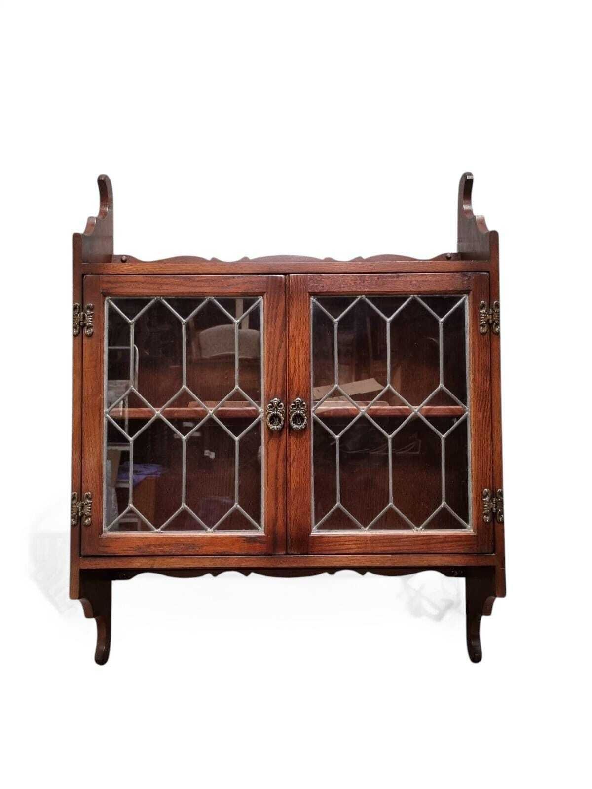 Old Charm Wood Brothers / Oak Hanging Corner Cabinet / Carved Oak Leaded Glass Door / Tudor Brown Colour / Dated 1970s photo Furniture