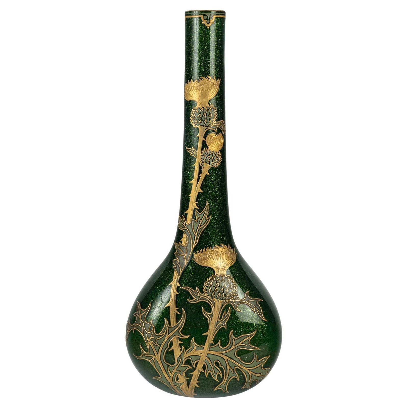 Montjoye Vase, Thistle Design, Iridescent Glass, 1900, Art Nouveau.