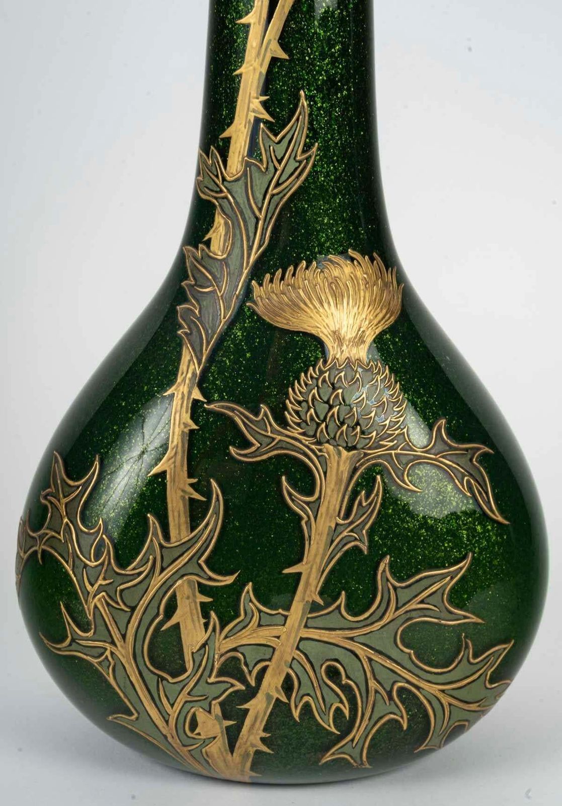 Montjoye Vase, Thistle Design, Iridescent Glass, 1900, Art Nouveau. photo for sale