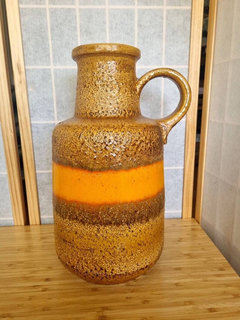 Scheurich West German Vase | Large Orange Striped Pottery | Mid Century Modern Ceramic | 1970s Floor Vase | 15 Inch Handcrafted photo furniture