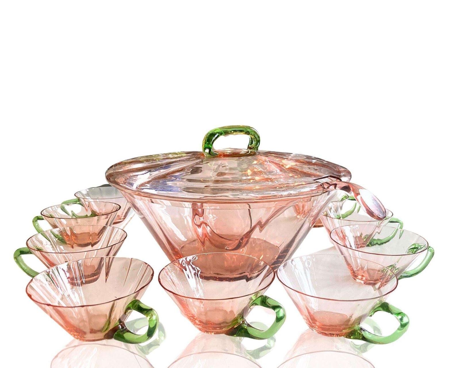 Kristallen Punchbowlset Met Bekers | 11 Delig | Roze En Groen | Frans photo for sale
