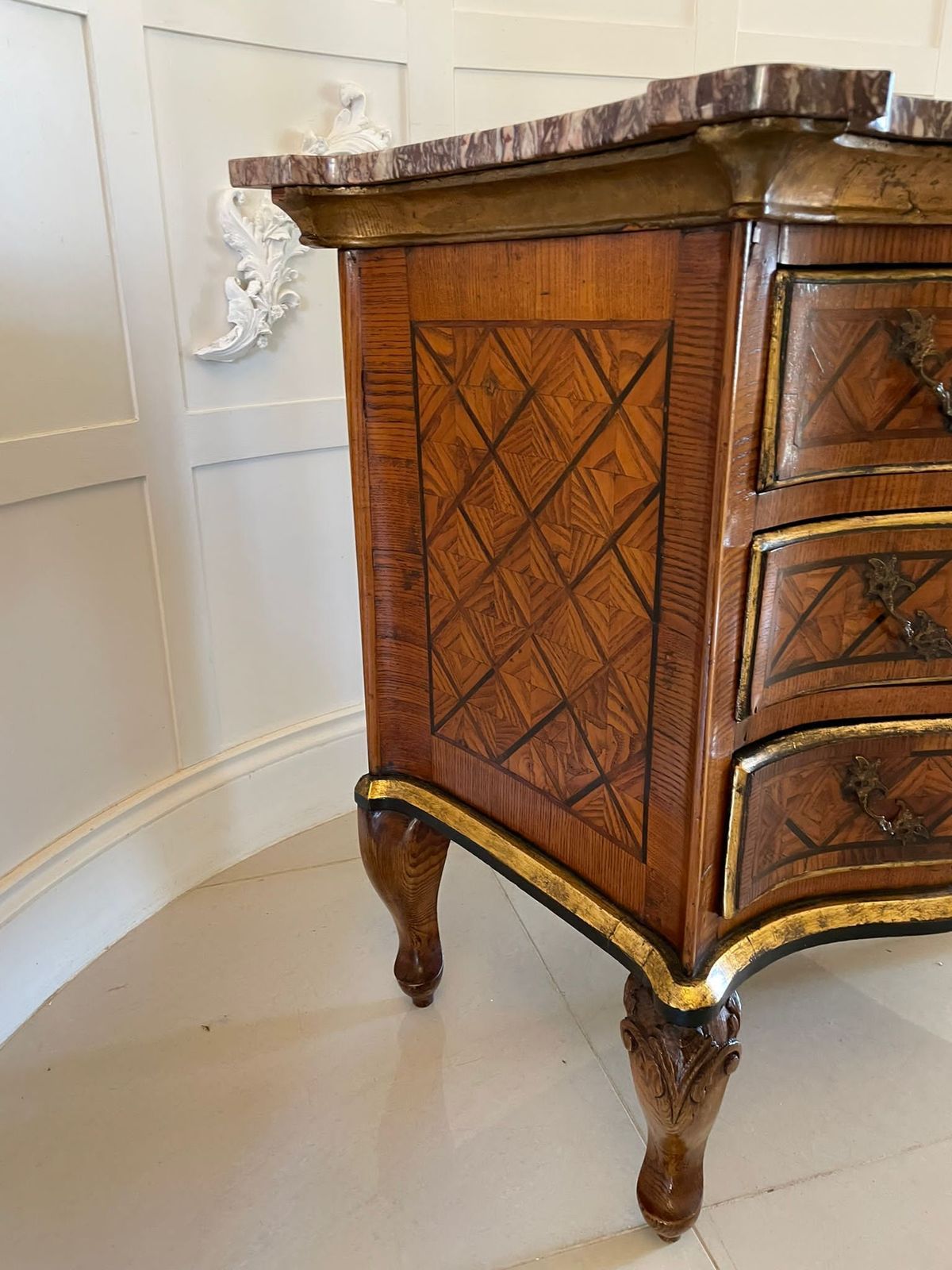 Antique 18th Century Quality Parquetry Inlaid Serpentine Shaped Marble Top Commode Chest photo furniture