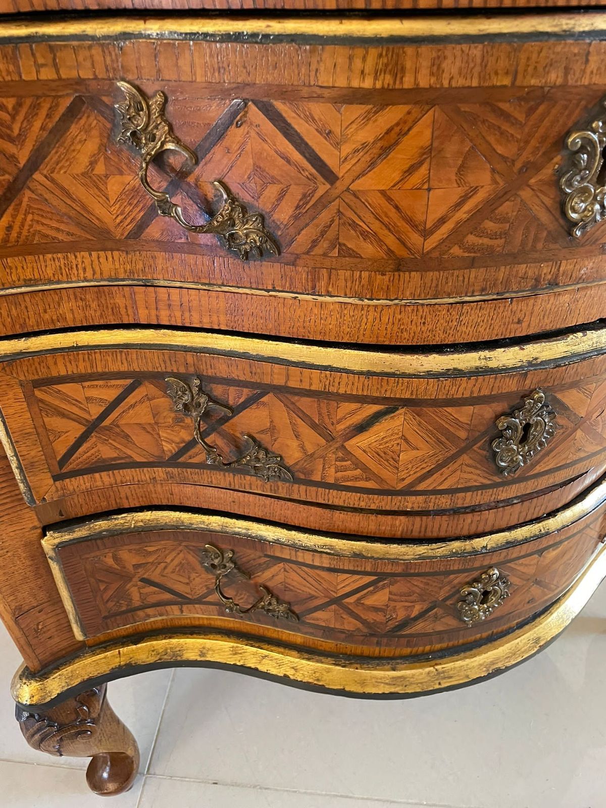 2325.0 Antique 18th Century Quality Parquetry Inlaid Serpentine Shaped Marble Top Commode Chest photo