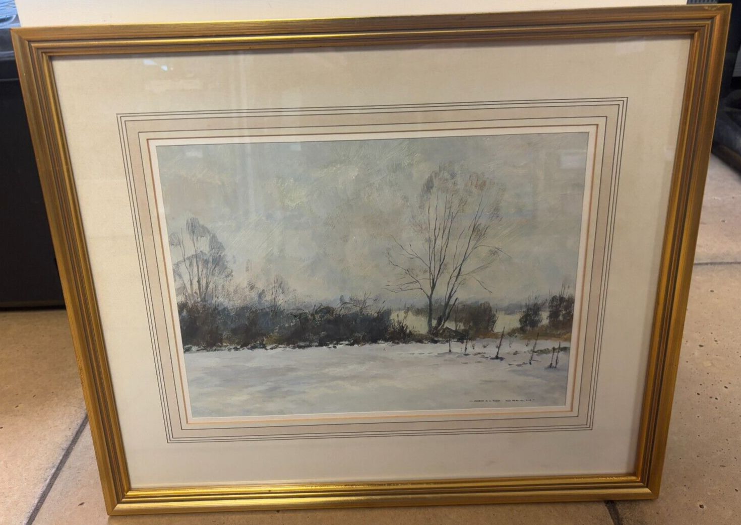 Original David Green Watercolour Painting Winter Landscape, Bedfordshire 1984