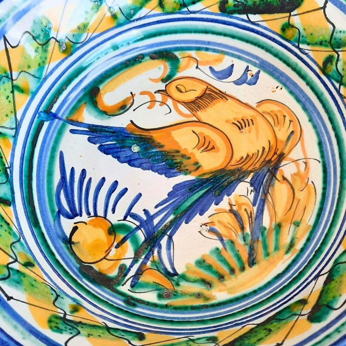 Small Spanish Pottery Hand Painted Bird Bowl Lebrillo Made In Murcia, Spain By El Poveo photo for sale