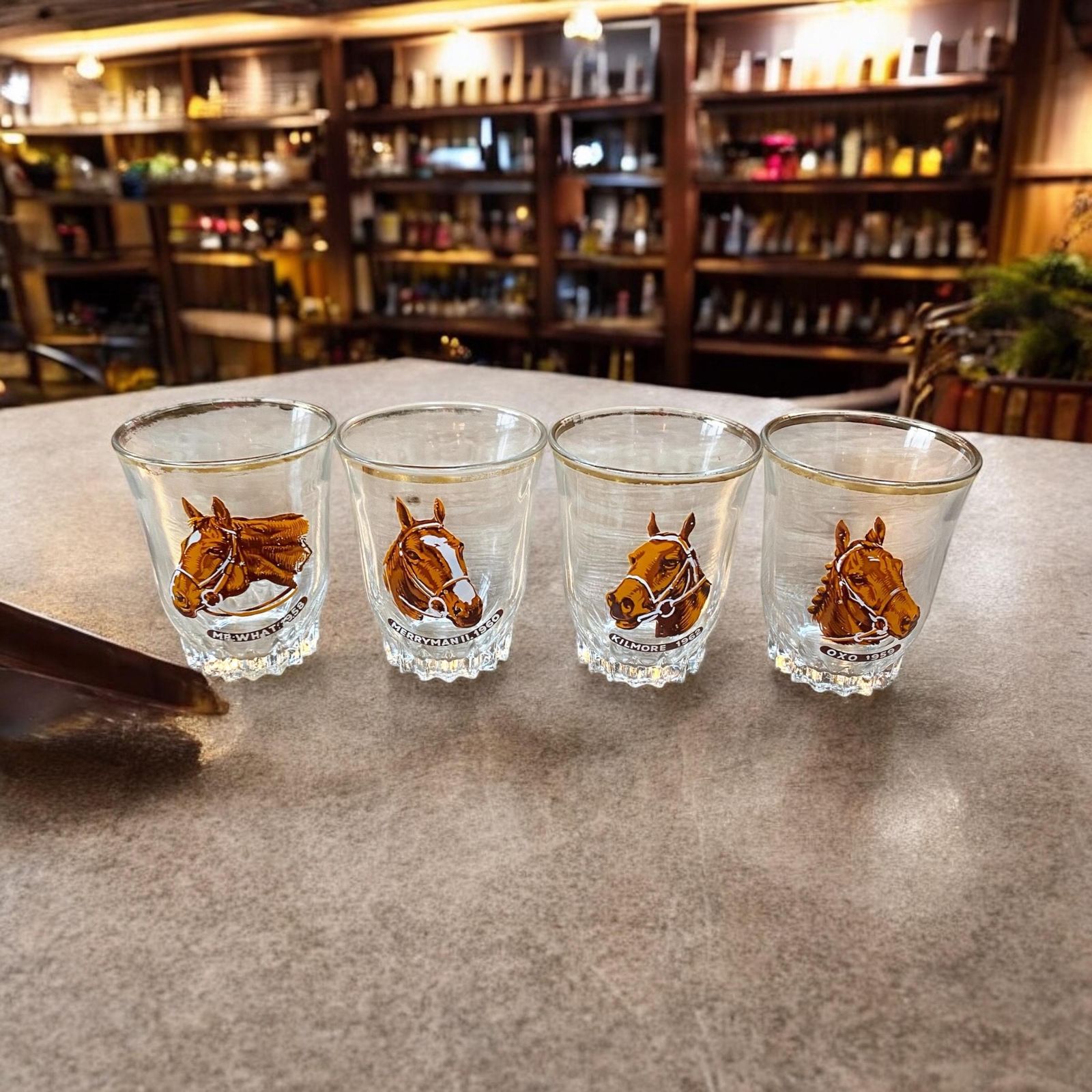 Vintage Horses Shot Glasses | Set Of 4 | Grand National Winners | Vintage Barware | New Home Gift | Wedding Gift. photo furniture