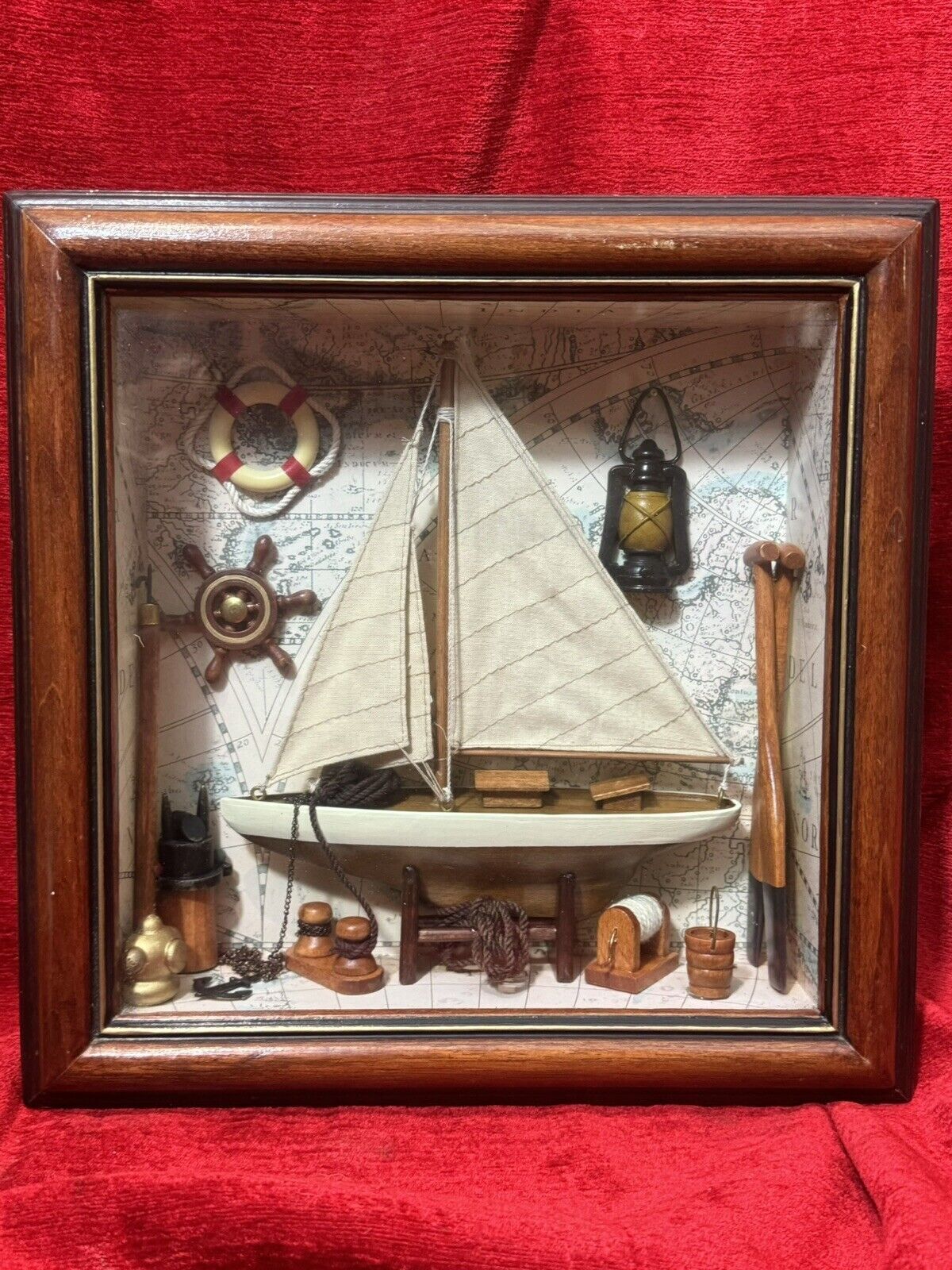 Charming Vintage Sailing Boat Marine Diorama In Case C.1980