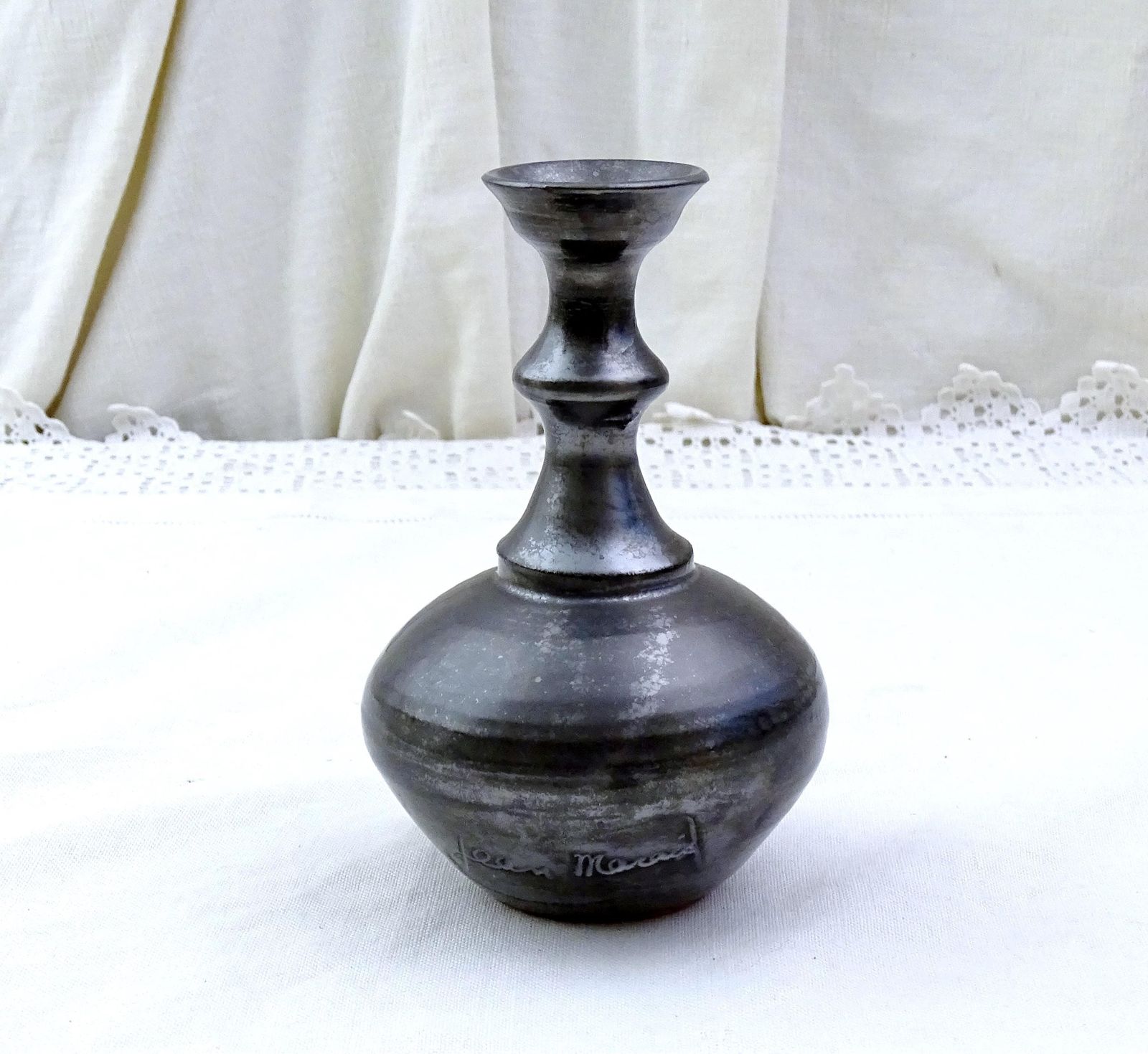 Small Vintage Mid Century Modern Jean Marais Studio Pottery Bud Vase With Black Irradissante Glaze From Vallauris, Retro Mcm 1960s China