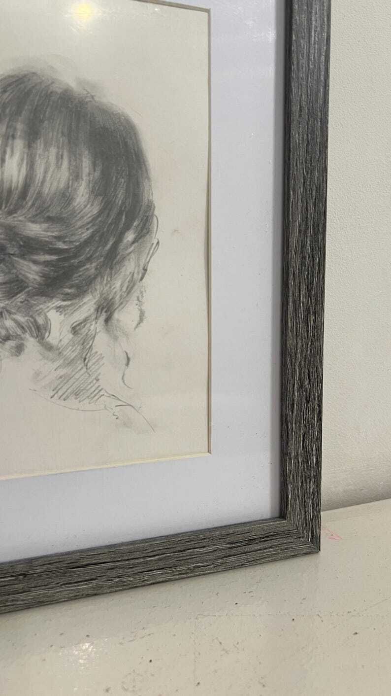 Contemporary Pencil Drawing Of Woman’s Hair In Loose Bun, Framed photo vintage