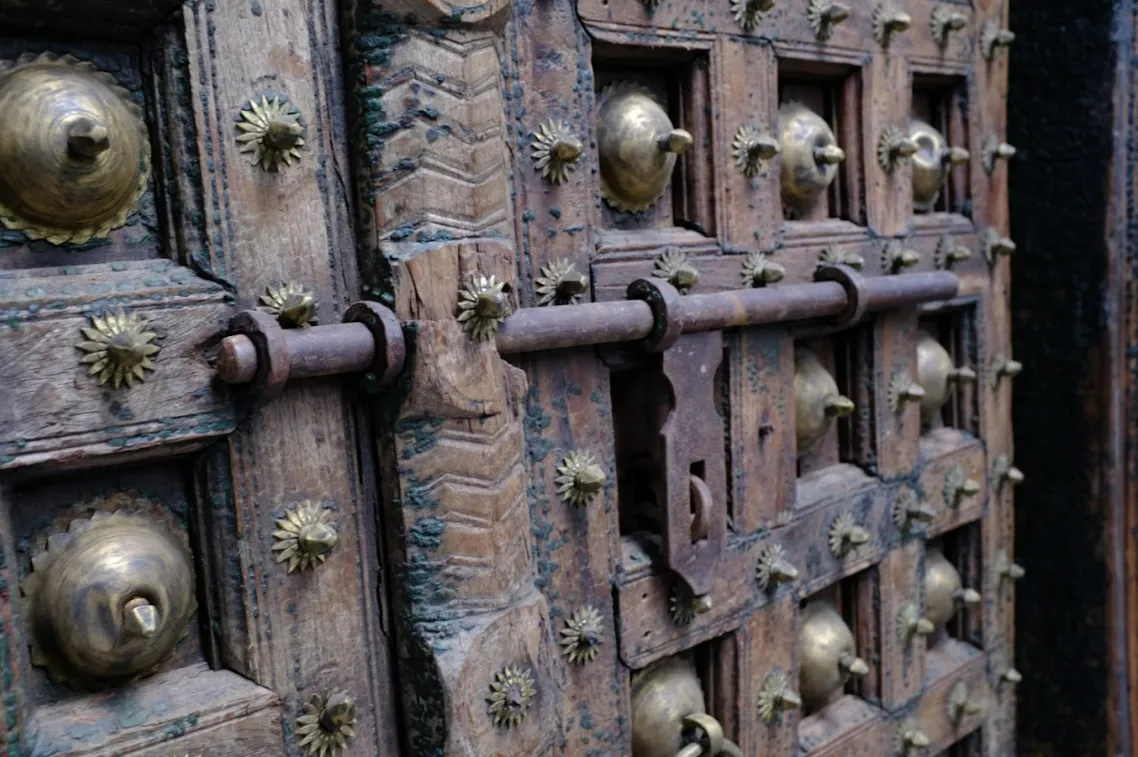 Antique Early 1900s Shekhawati Teak Wood Door With Brass Studs – Hand Carved Royal Indian Haveli Entrance photo 5995.0
