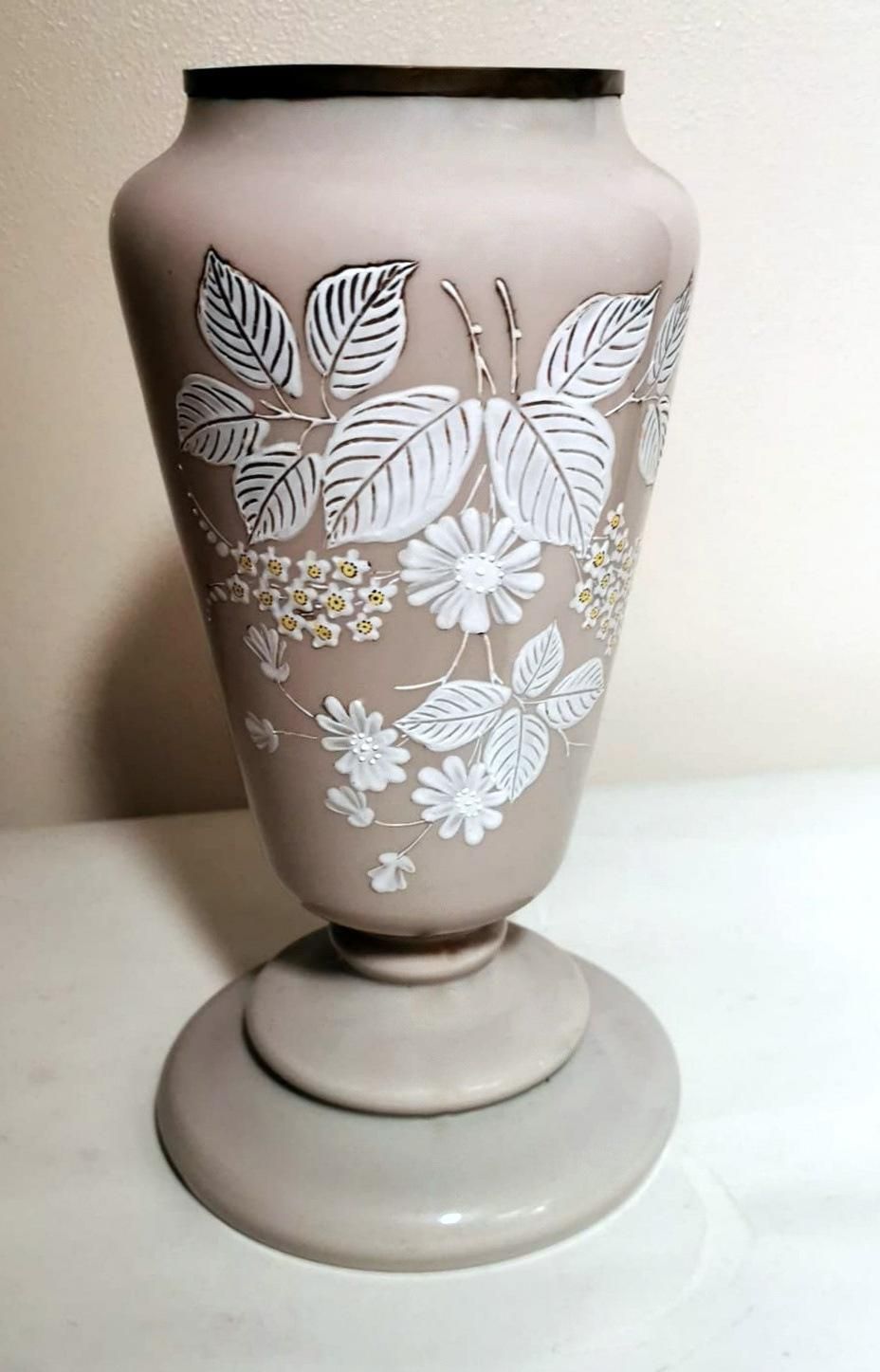 French Grey Opaline Glass Vase With Hand Painted Flowers Liberty Style photo for sale