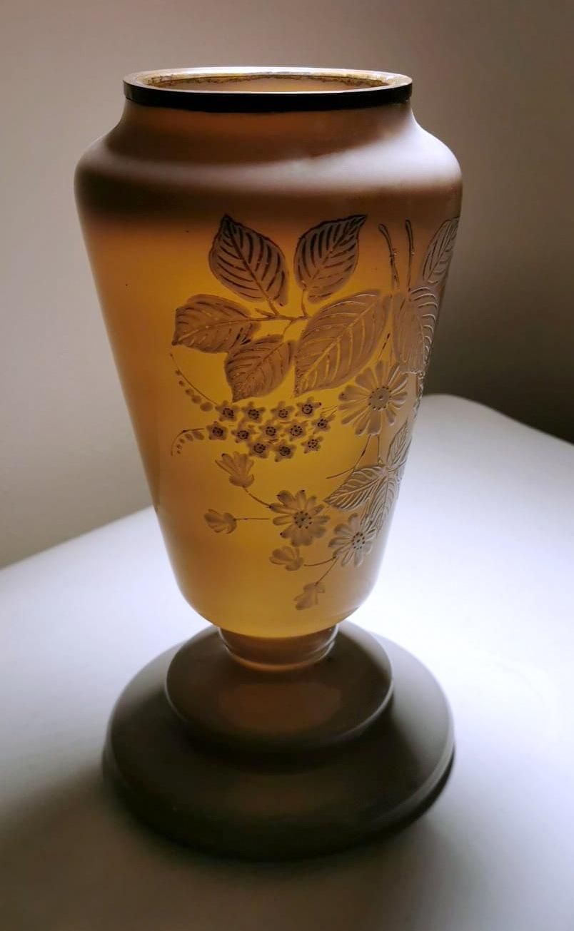 French Grey Opaline Glass Vase With Hand Painted Flowers Liberty Style photo vintage