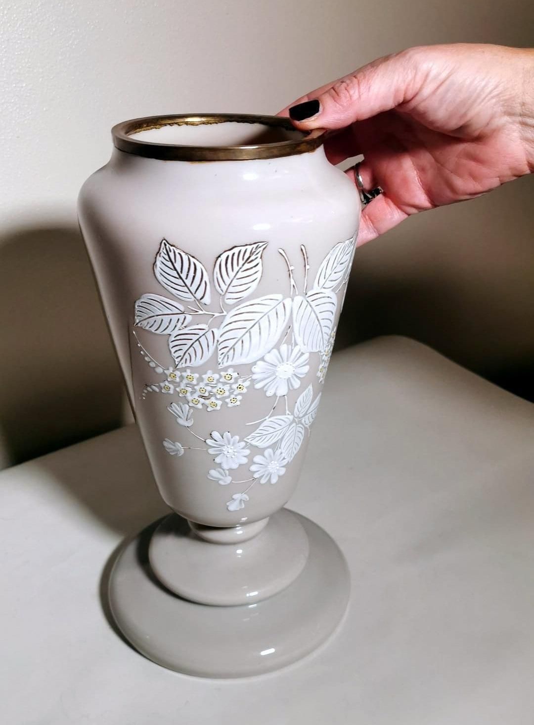 photo vintage French Grey Opaline Glass Vase With Hand Painted Flowers Liberty Style
