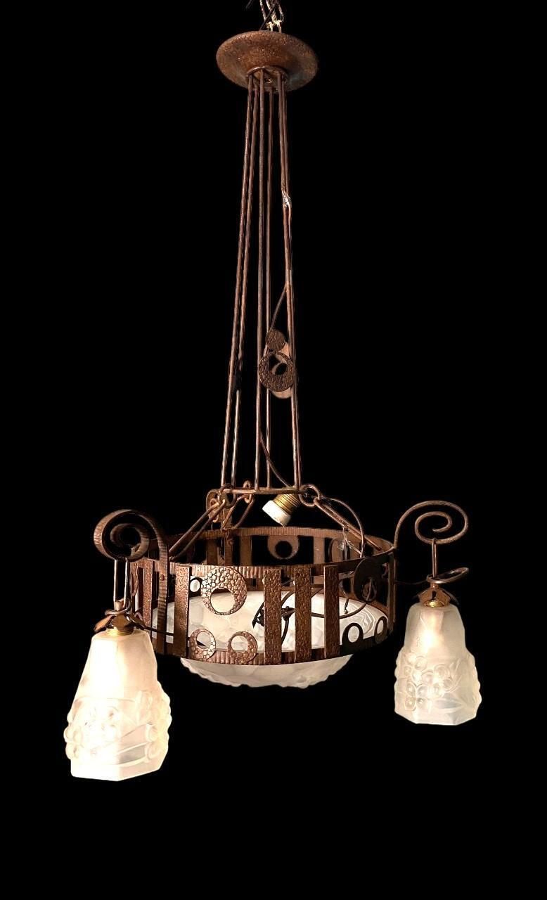 Art Nouveau French Wrought Iron And Opaline Glass Chandelier photo for sale