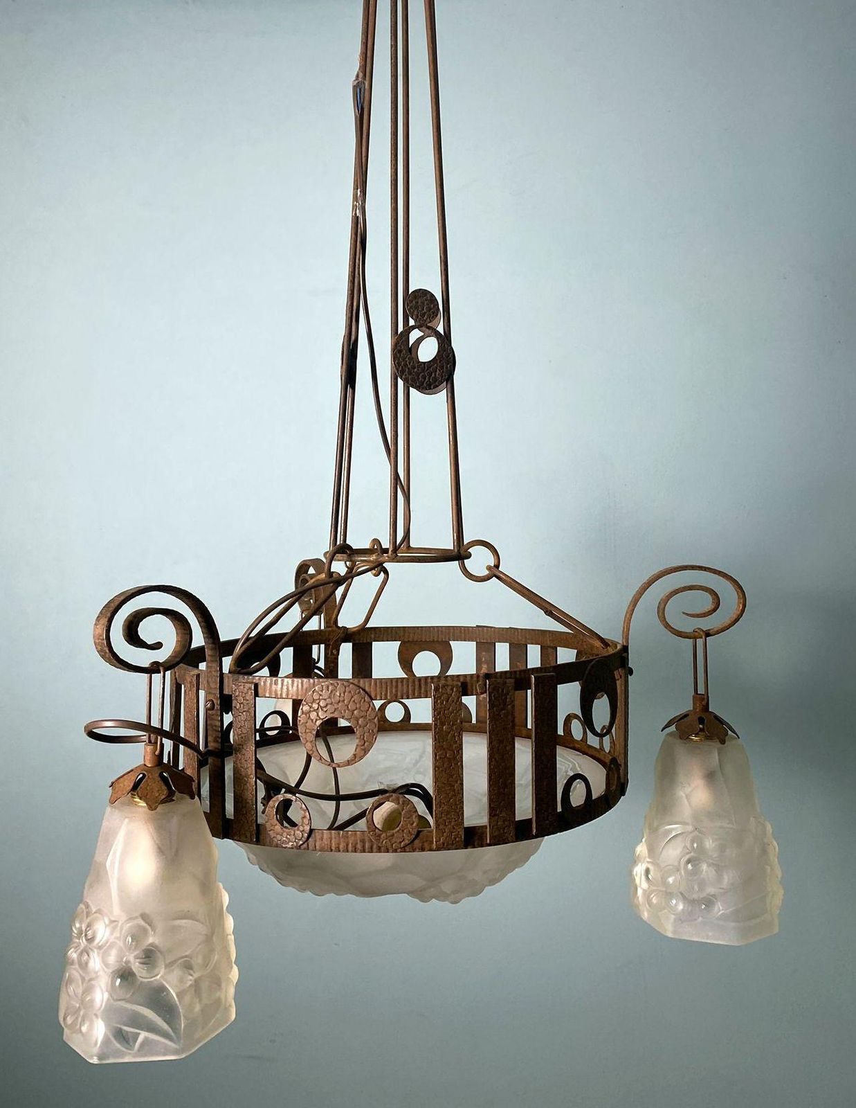 Art Nouveau French Wrought Iron And Opaline Glass Chandelier photo 2618.0