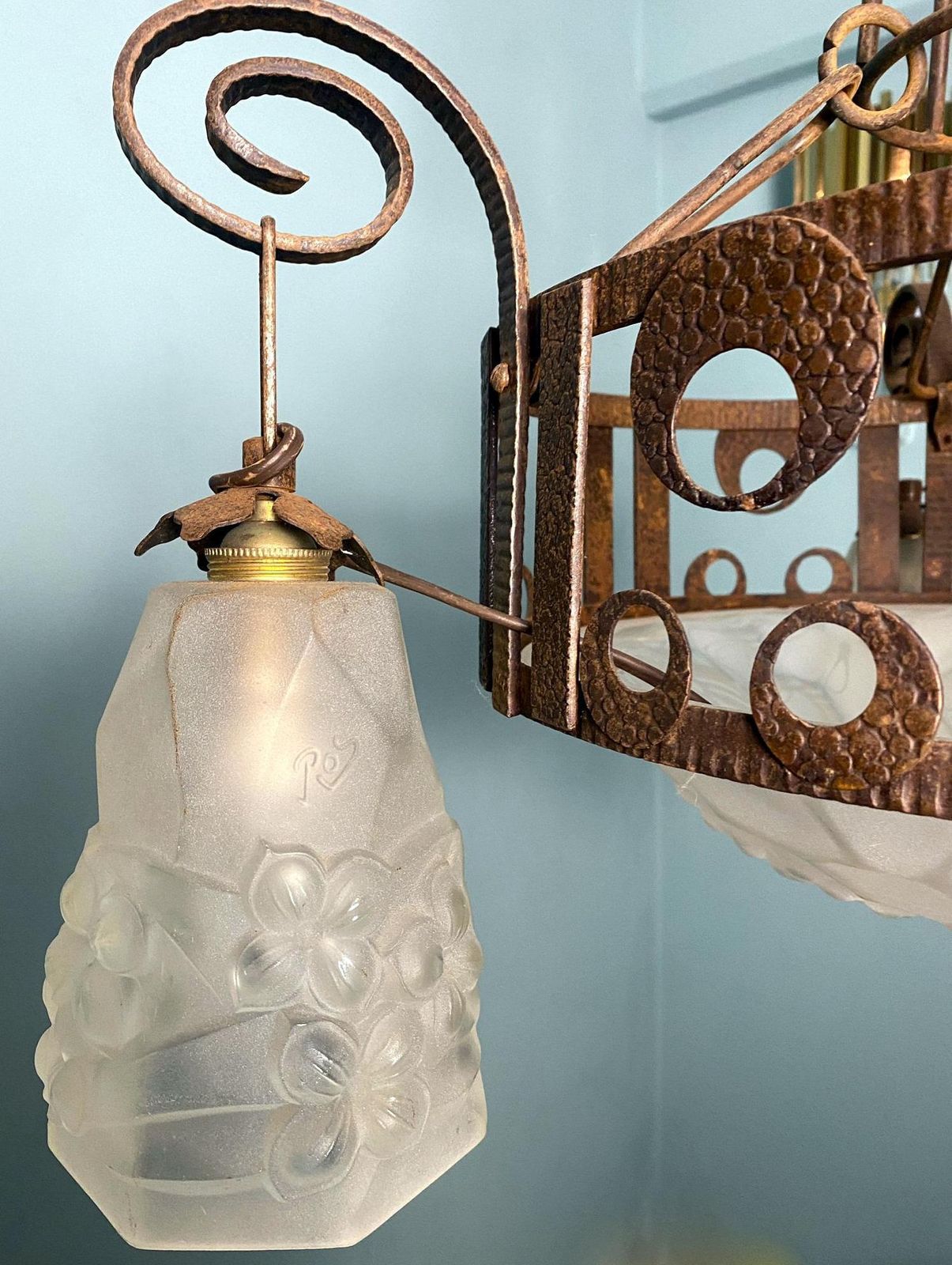photo furniture Art Nouveau French Wrought Iron And Opaline Glass Chandelier