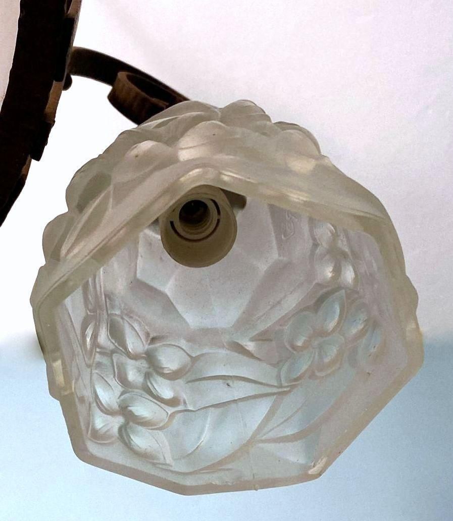 2618.0 Art Nouveau French Wrought Iron And Opaline Glass Chandelier photo