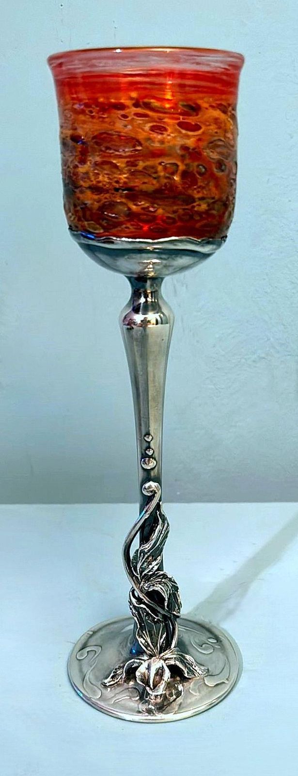 Murano "Pulegoso" Italian Glass Chalice With Art Nouveau Silver Stem photo furniture