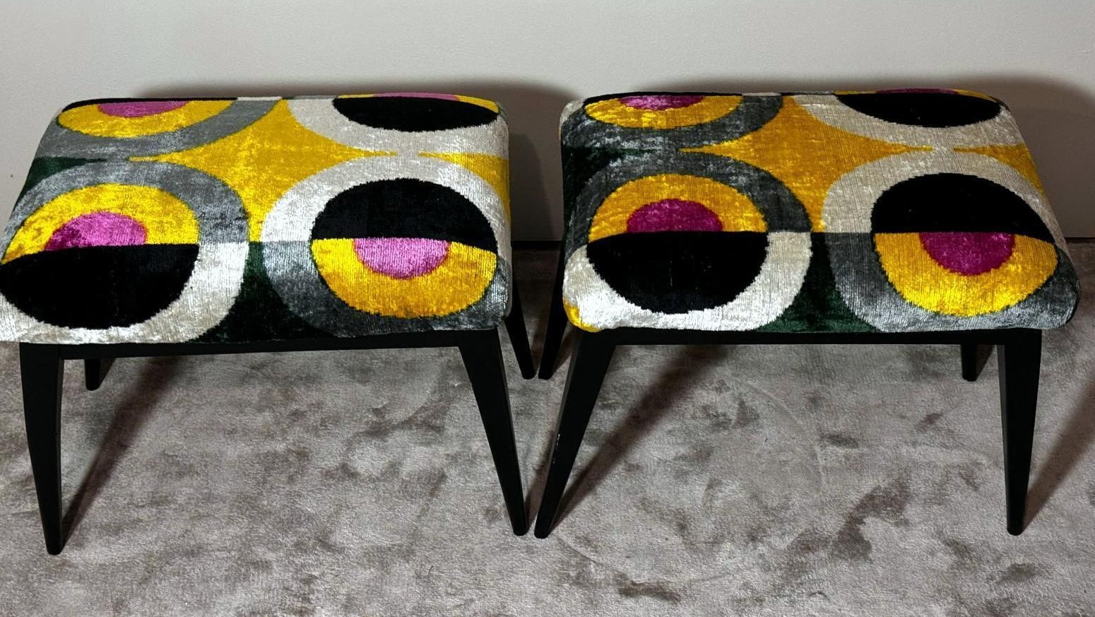 Mid Century Pair Of Italian Wood And Silk Velvet Ikat Benches photo for sale