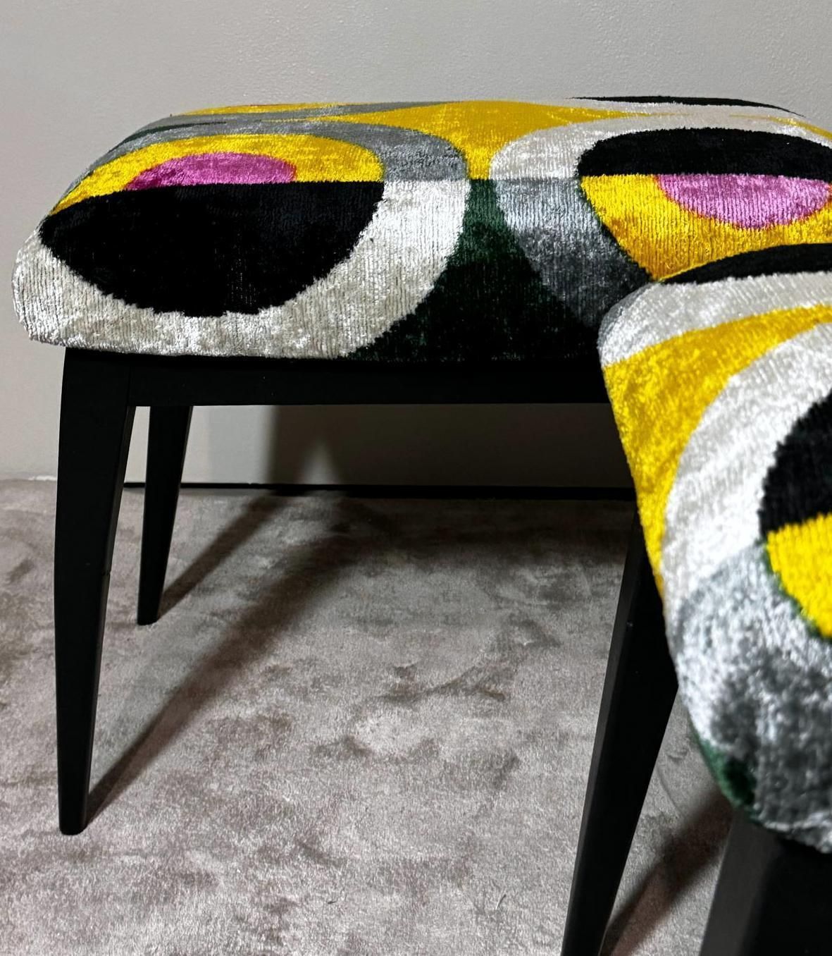 Furniture Mid Century Pair Of Italian Wood And Silk Velvet Ikat Benches photo