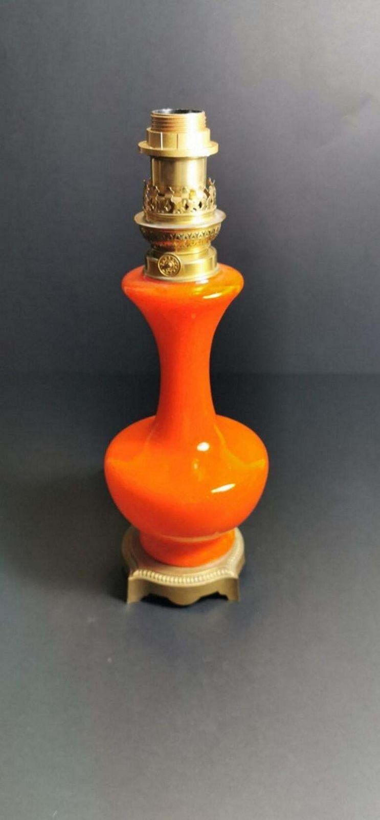 Napoleon III Style French Opaline Orange Glass Lamp Golden Brass Base photo furniture