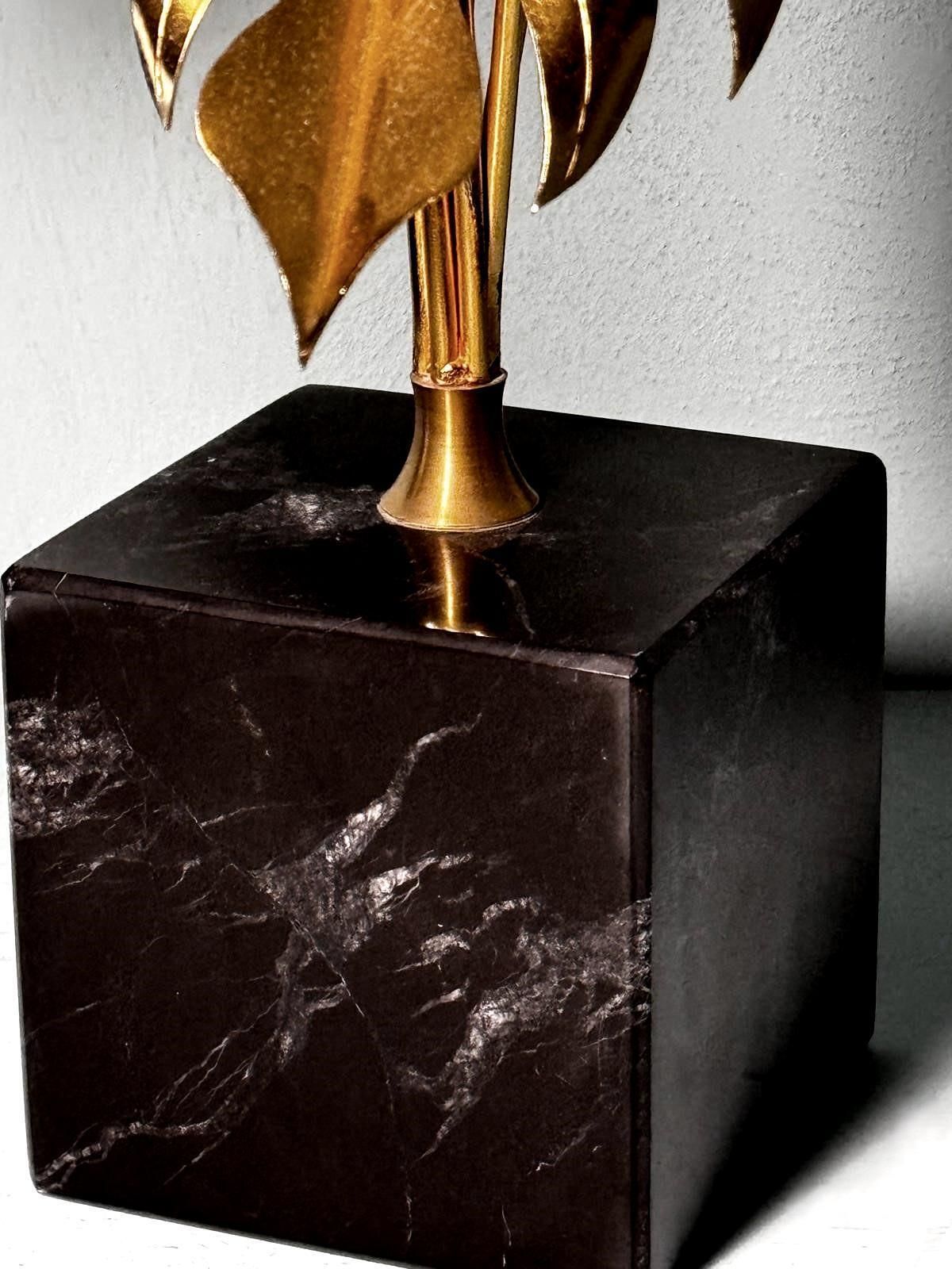 Art Italian Brass Plant Sculpture Mounted On Black Marquinia Marble photo
