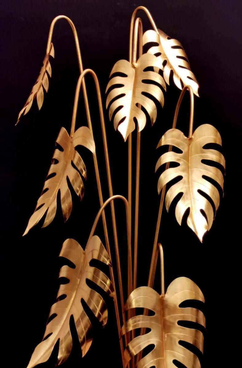 photo vinterior Italian Brass Plant Sculpture Mounted On Black Marquinia Marble