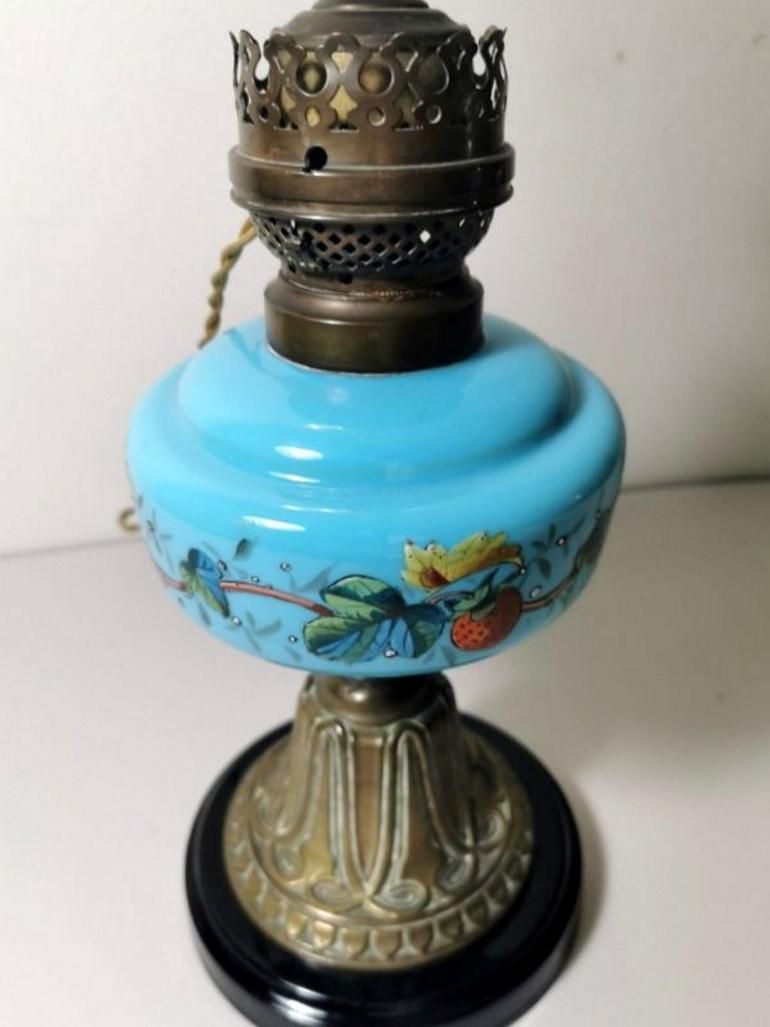 Louis Philippe Style French Opaline Blue Glass Lamp Decorated And Golden Brass photo Lighting