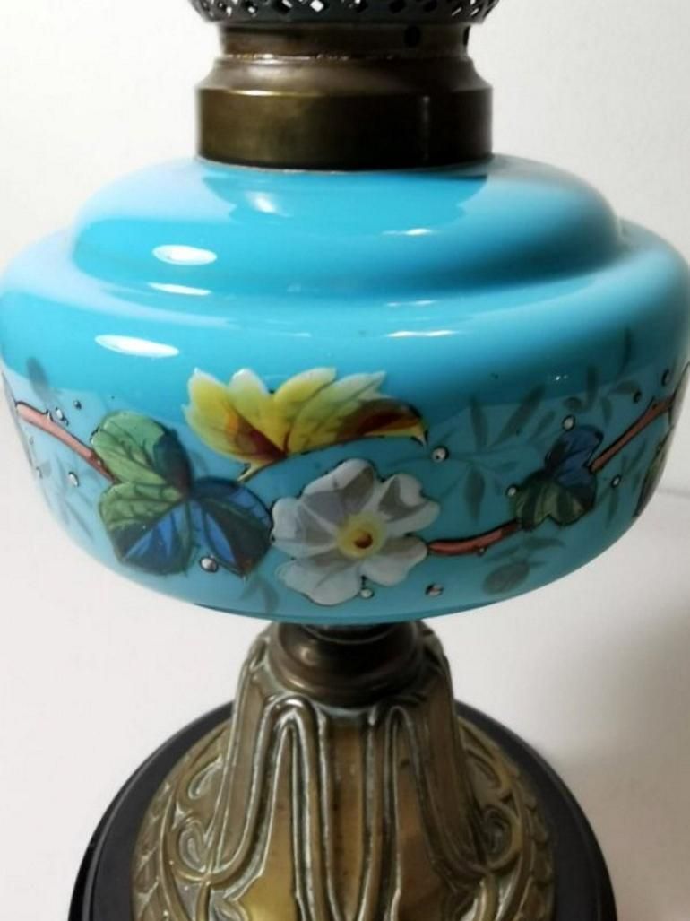 Louis Philippe Style French Opaline Blue Glass Lamp Decorated And Golden Brass photo vintage