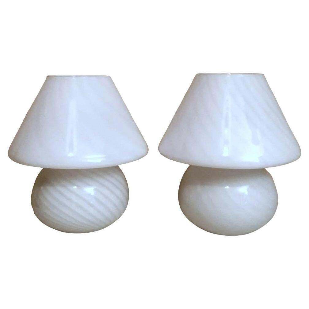 Murano Venini Style Pair Of Mushroom Shaped Opal Glass Spiral Lamps