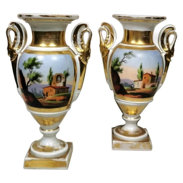 Porcelain De Paris Pair Of Hand Painted Vases Napoleon III, France
