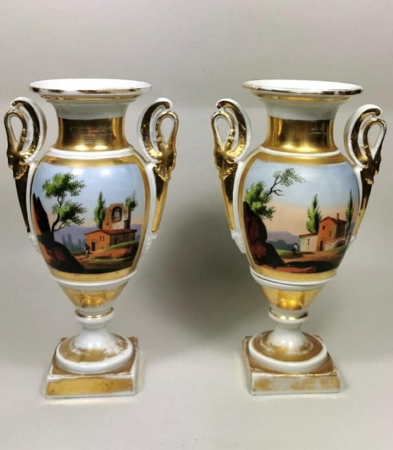 Porcelain De Paris Pair Of Hand Painted Vases Napoleon III, France photo furniture