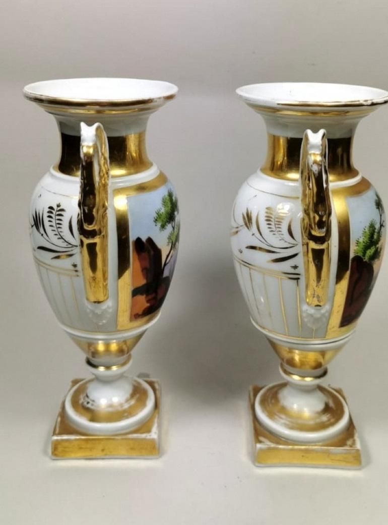 Porcelain De Paris Pair Of Hand Painted Vases Napoleon III, France photo vintage