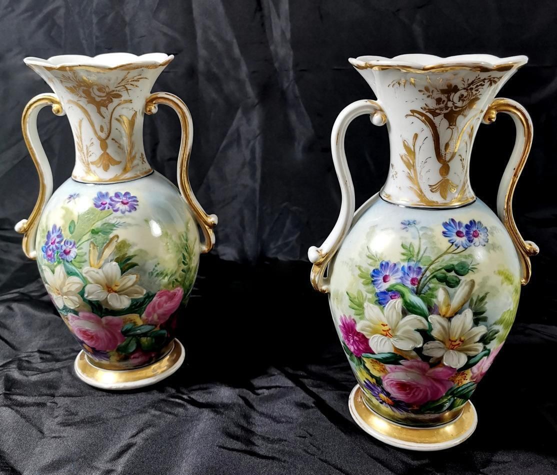 Porcelain De Paris Napoleon III Pair Of French Hand Painted Vases photo for sale