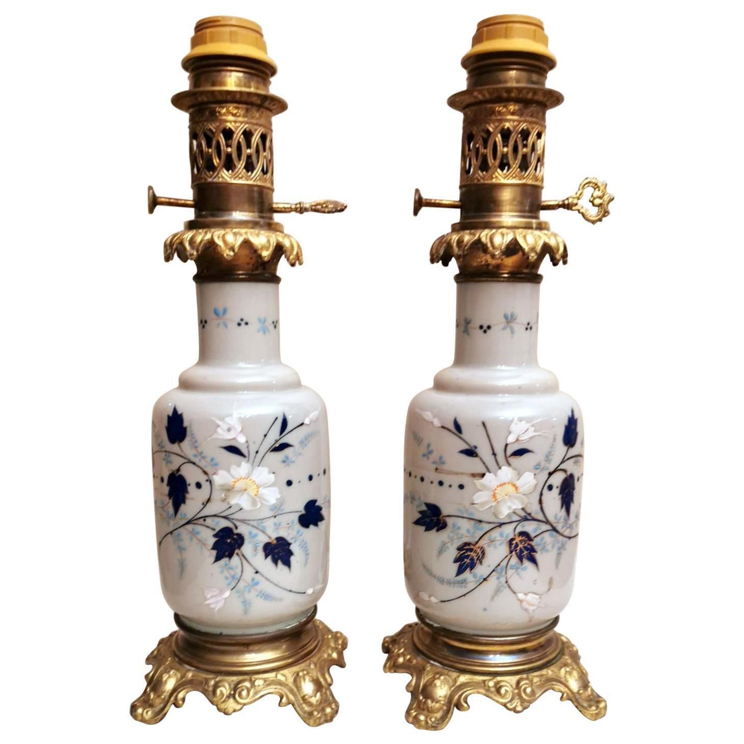 Pair Of French Oil Lamps Opaline Glass Hand Painted Bronze Finishing