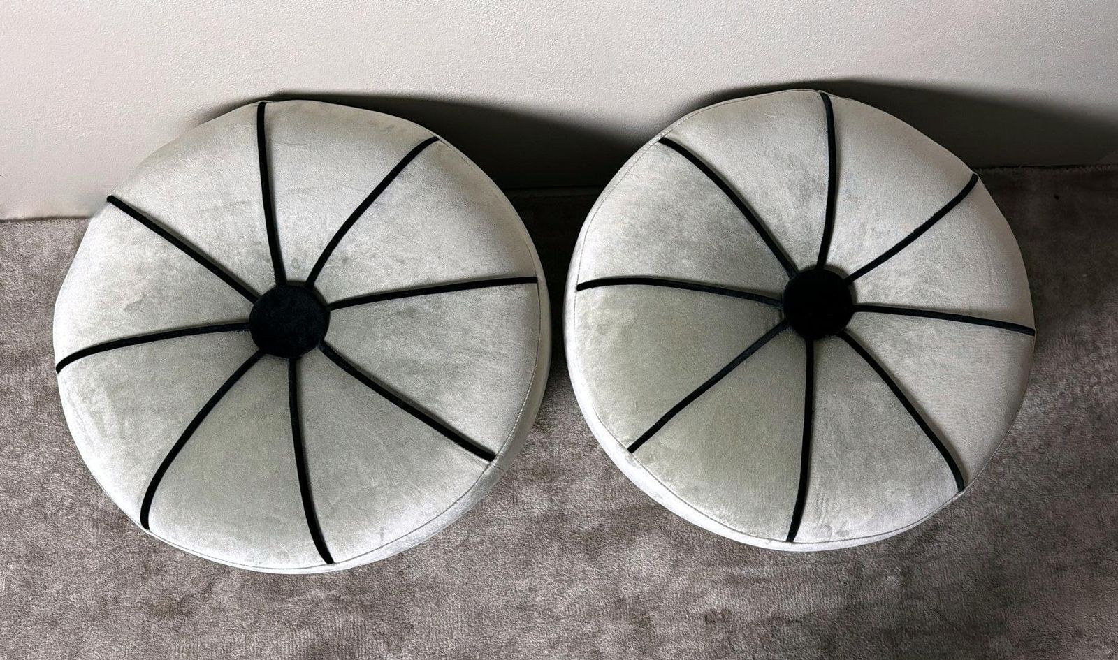 Vintage Pair Of Italian Gray Velvet Ottomans With Black Trim photo 1816.0