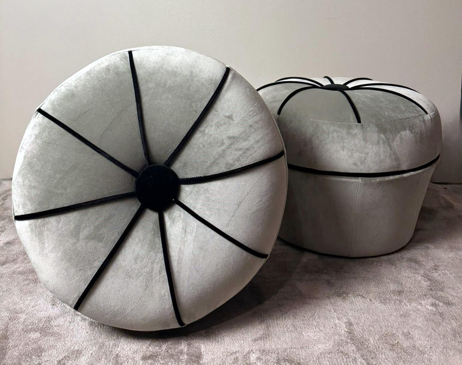Vintage Pair Of Italian Gray Velvet Ottomans With Black Trim photo vinterior