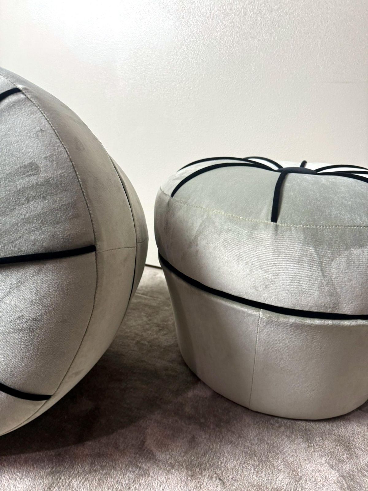 Vintage Pair Of Italian Gray Velvet Ottomans With Black Trim photo buy