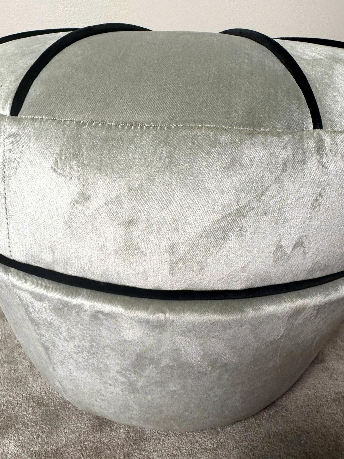 photo vintage Vintage Pair Of Italian Gray Velvet Ottomans With Black Trim