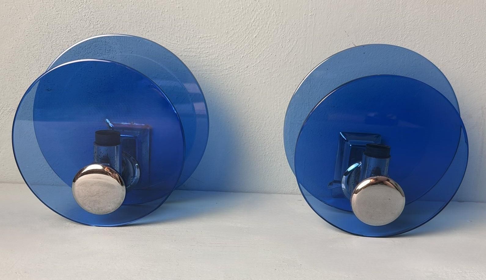 Veca Style Pair Of Italian Blue Glass And Nickel Plated Brass Wall Sconces photo furniture