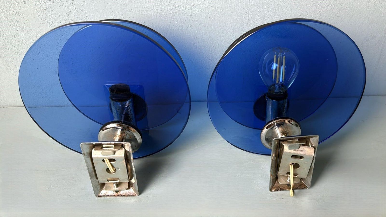 Veca Style Pair Of Italian Blue Glass And Nickel Plated Brass Wall Sconces photo vinterior