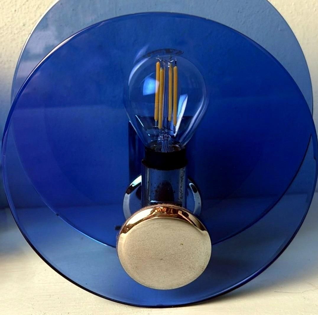 photo for sale Veca Style Pair Of Italian Blue Glass And Nickel Plated Brass Wall Sconces