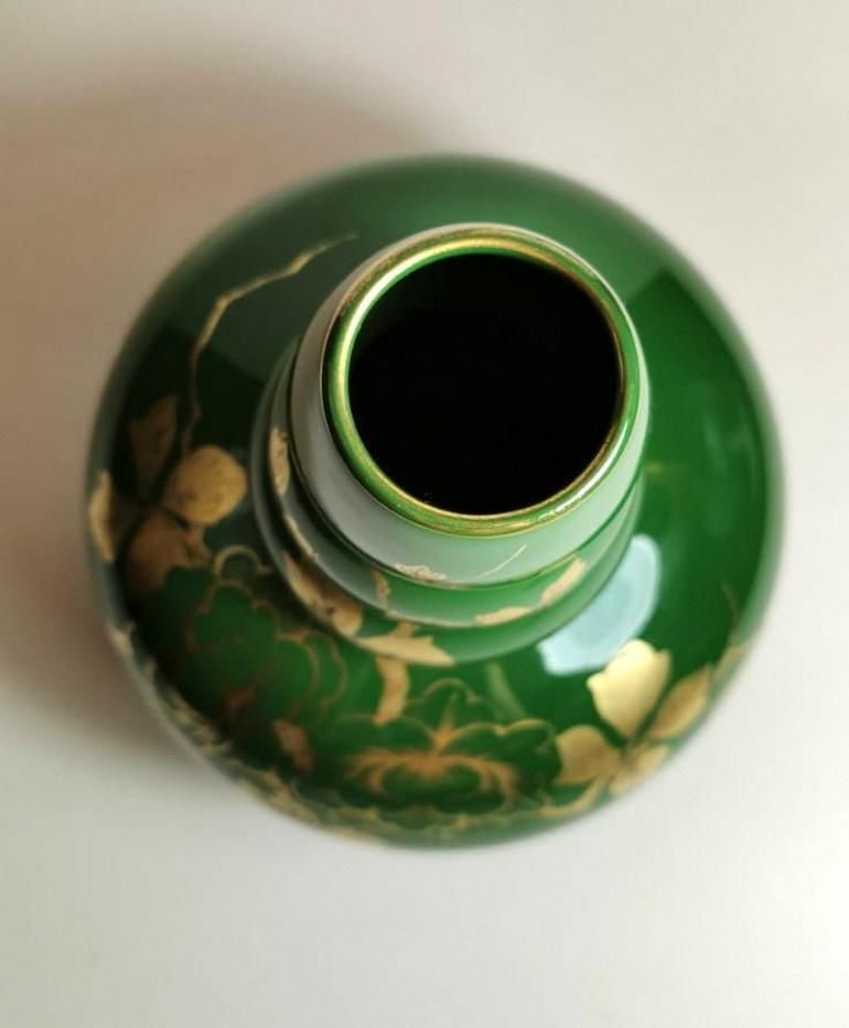 338.0 Art Decò Green Enameled Terracotta Vase With Pure Gold Decorations, France photo