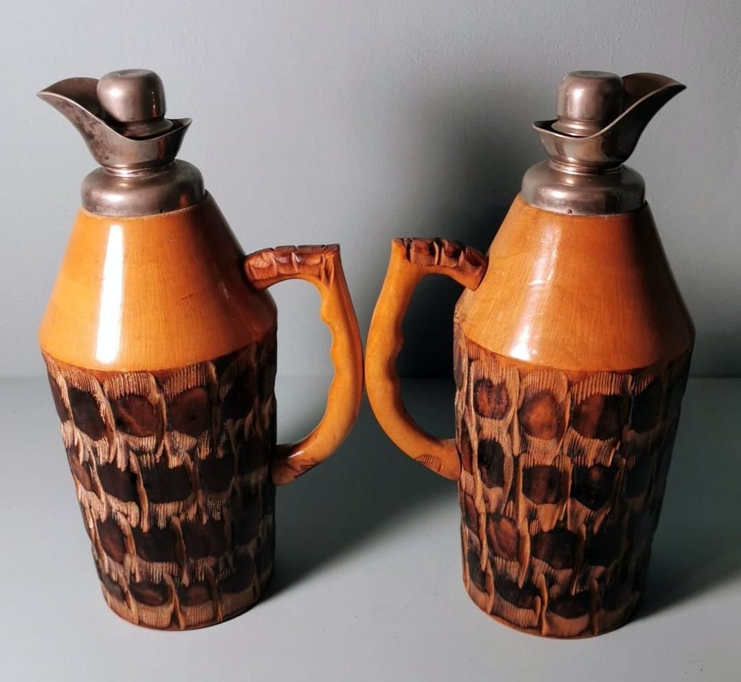 Tura Aldo For Macabo Pair Of Italian Thermal Jugs In Bamboo And Metal photo for sale