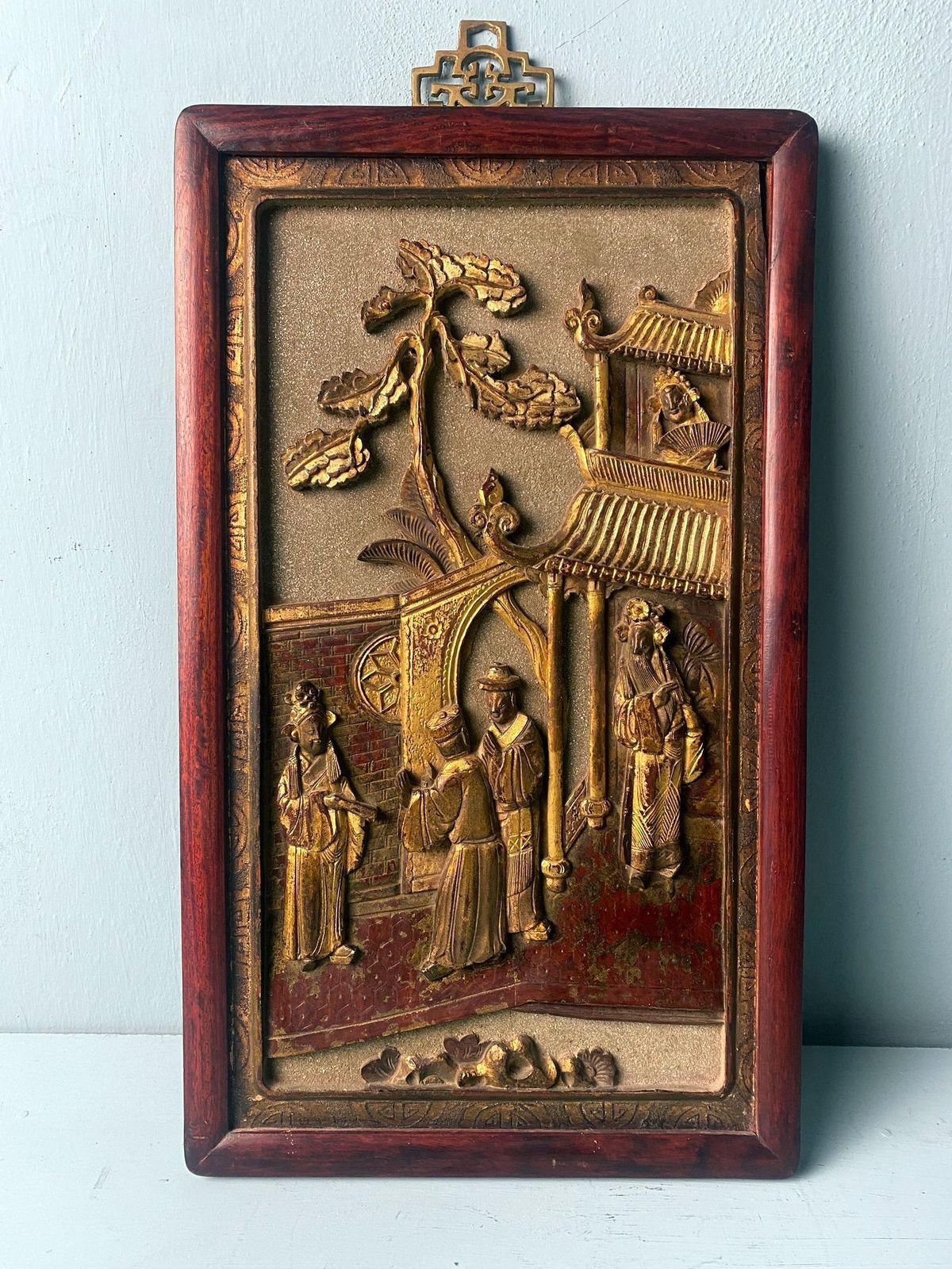 Qing Dynasty Exquisite Chinese Wooden Panel With Raised Figures And Gold Leaf photo furniture